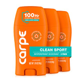 Carpe front packaging showing Clean Sport three-pack and long-lasting benefit