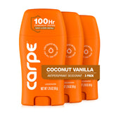 Carpe front packaging showing Coconut Vanilla scent and clinical strength benefits