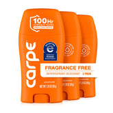 Carpe fragrance free front packaging showing clinical strength and 3-pack convenience