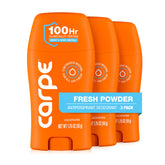 Carpe front packaging showing Fresh Powder scent and 3-pack convenience