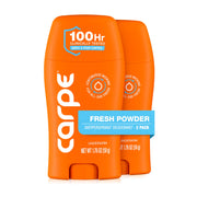 Carpe front packaging showing Fresh Powder scent and 2-pack benefit