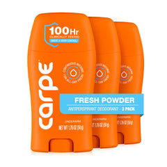 Carpe front packaging showing Fresh Powder scent and 3-pack convenience