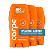 Carpe front packaging showing three Mountain Breeze tubes and benefits