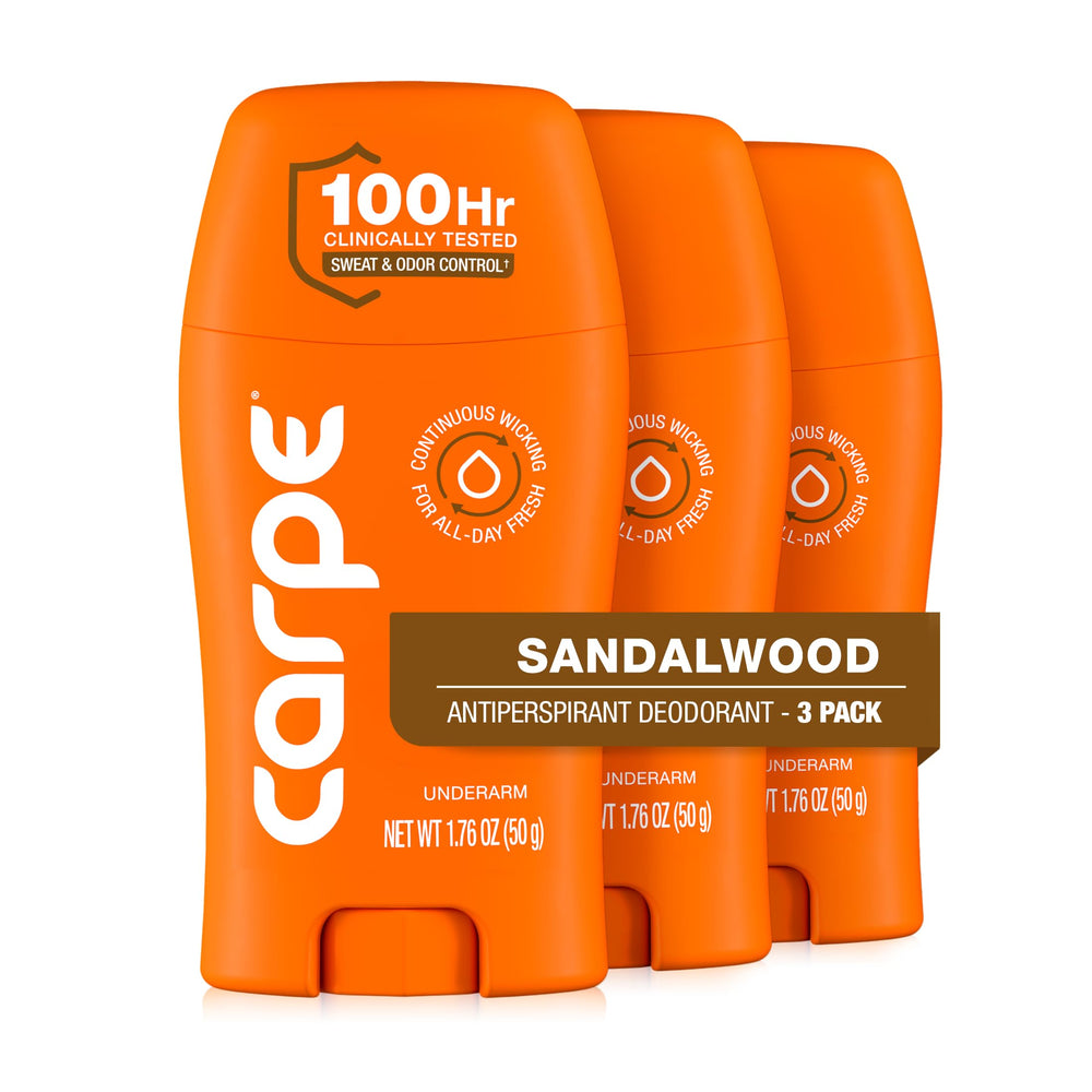 Carpe sandalwood front packaging showing product benefits and scent