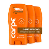 Carpe sandalwood front packaging showing product benefits and scent