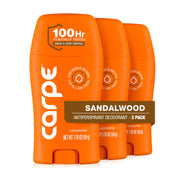 Carpe sandalwood front packaging showing product benefits and scent