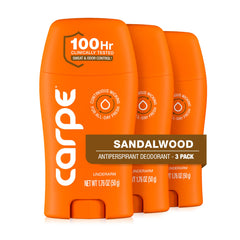 Carpe sandalwood front packaging showing product benefits and scent