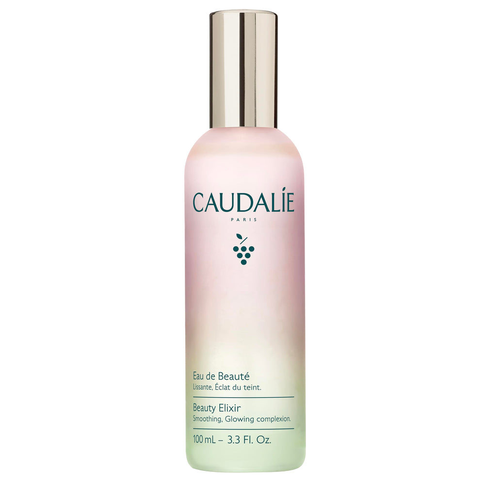 Caudalie front bottle shows brand and elegant packaging, boosts glow