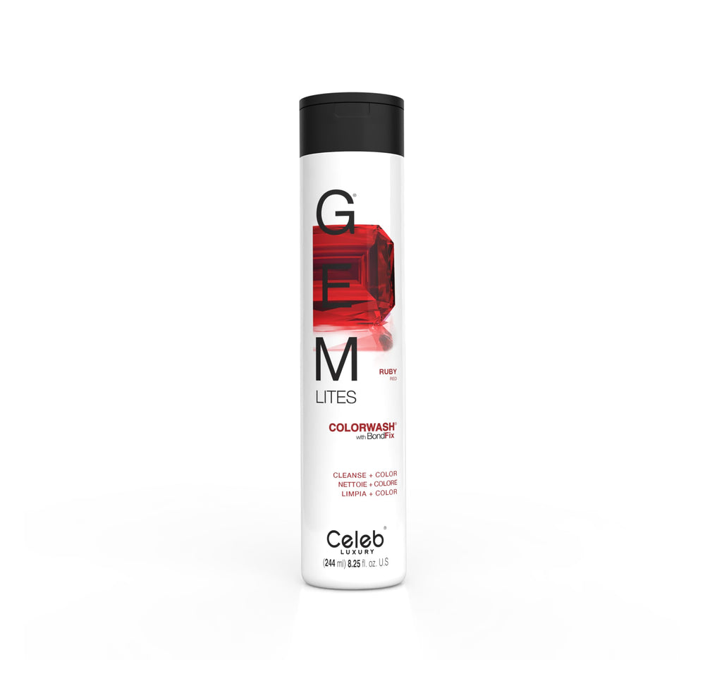 Celeb Luxury bottle front view showing Ruby Colorwash and benefit of vibrant color