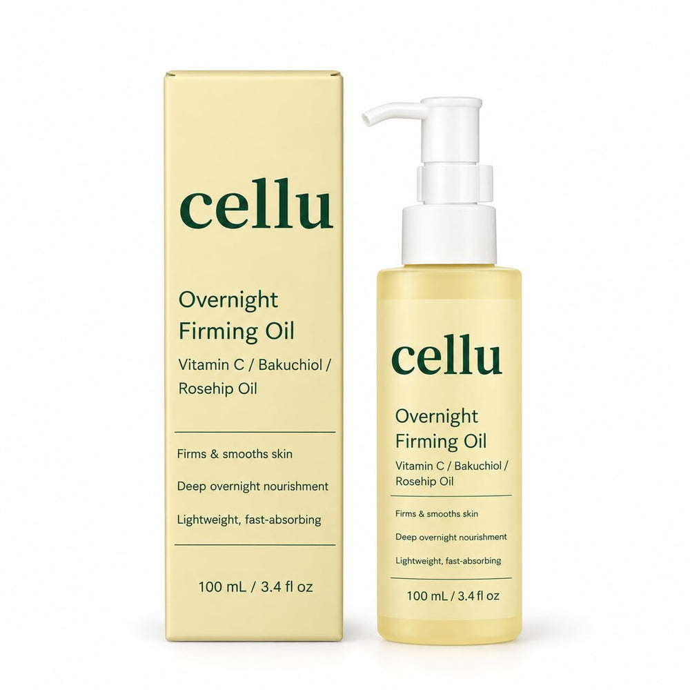 Cellu Beauty front packaging showing compact restoring oil for overnight hydration