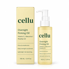 Cellu Beauty front packaging showing compact restoring oil for overnight hydration