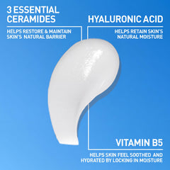 Product label listing ceramides, hyaluronic acid, and niacinamide benefits