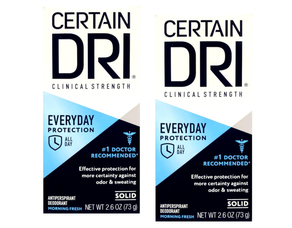 Certain Dri front packaging showing two 2.6 oz sticks and clear benefits