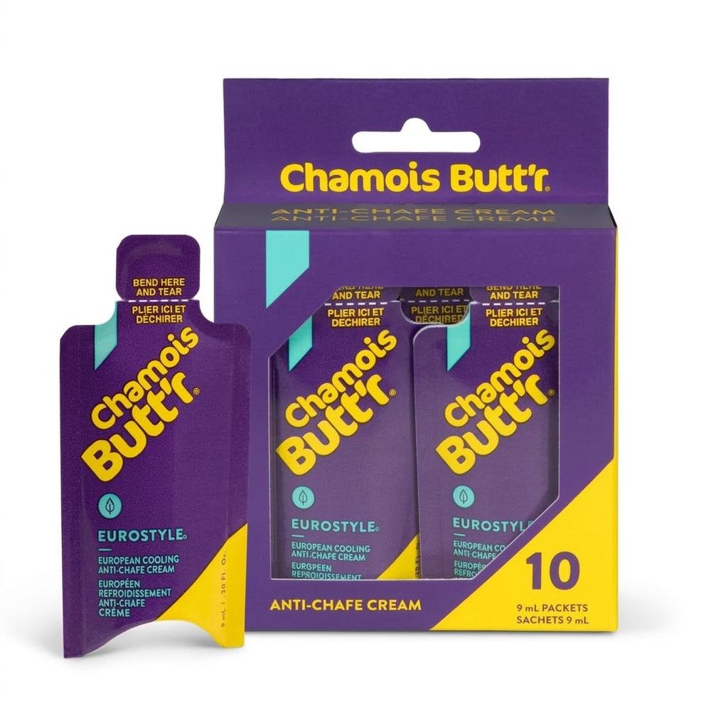 Chamois Butt'r Eurostyle front view showing 10-pack packets and labeling benefit