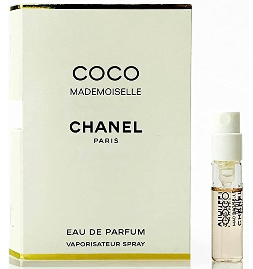 CHANEL COCO MADEMOISELLE vial on card front view highlights brand and portable sampling