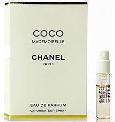 CHANEL COCO MADEMOISELLE vial on card front view highlights brand and portable sampling