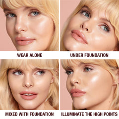 Charlotte Tilbury swatches on forearm showing shade variation and natural sheen