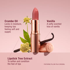 Charlotte Tilbury lipstick texture swiped on arm showing hydrating, satin-glow formula benefit