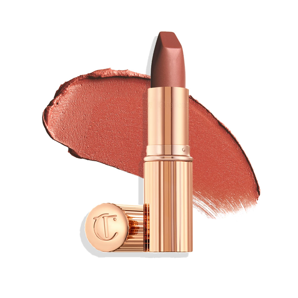 Charlotte Tilbury front view of lipstick showcasing color and sleek case for easy storage