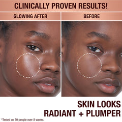Charlotte Tilbury oil blended with Magic Cream illustrating hydration boost and finish