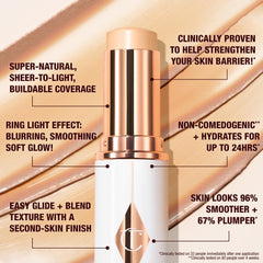 Charlotte Tilbury foundation stick swipe on skin showing even tint and blurring benefit