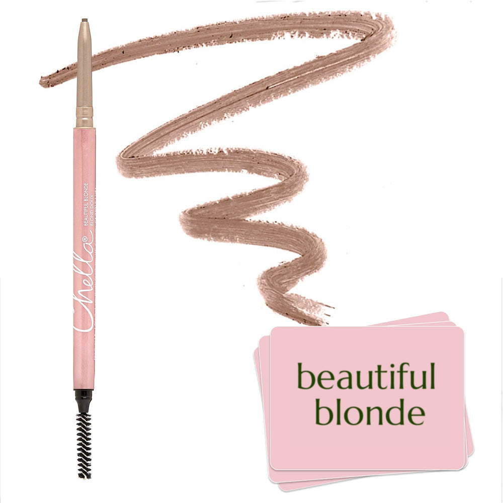 Chella eyebrow pencil front packaging showing shade and slim design for portability