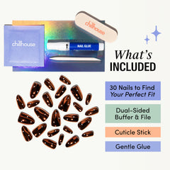 Chillhouse kit tools arranged: buffer, file, cuticle stick, and Gentle nail glue for prep