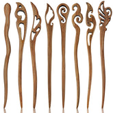 Chuangdi front view of eight wooden hair sticks showing vintage charm and reliable hold