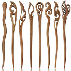 Chuangdi front view of eight wooden hair sticks showing vintage charm and reliable hold