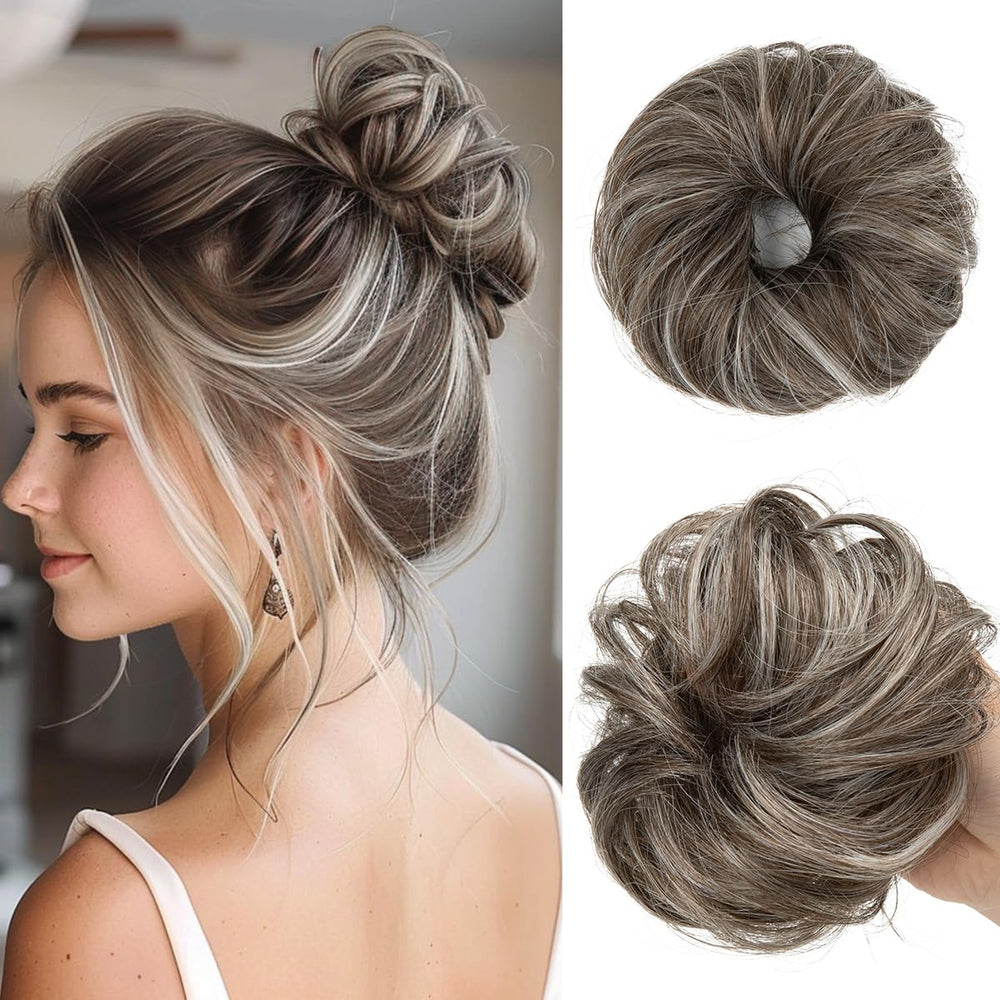CJL HAIR front packaging showing ash grey mini messy bun pieces, easy-install benefit