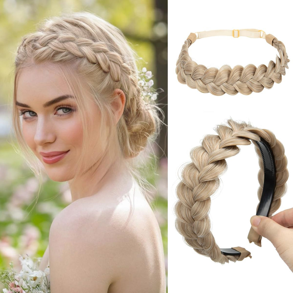 CJL HAIR front view of two sunny blonde braided headbands showing packaging and set