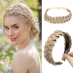 CJL HAIR front view of two sunny blonde braided headbands showing packaging and set