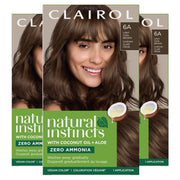 Clairol Natural Instincts front packaging showing shade 6A Light Cool Brown and benefits