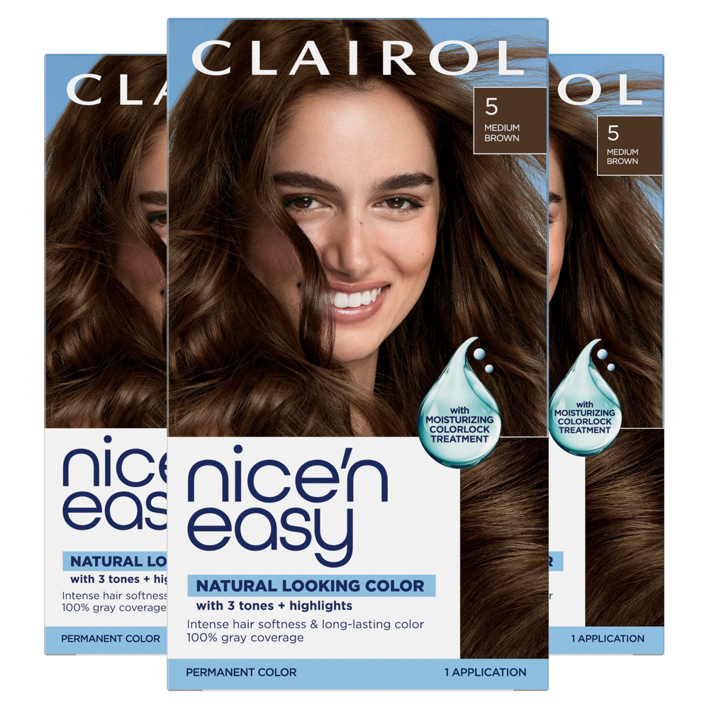 Clairol Nice'n Easy box front showing medium brown shade and benefits