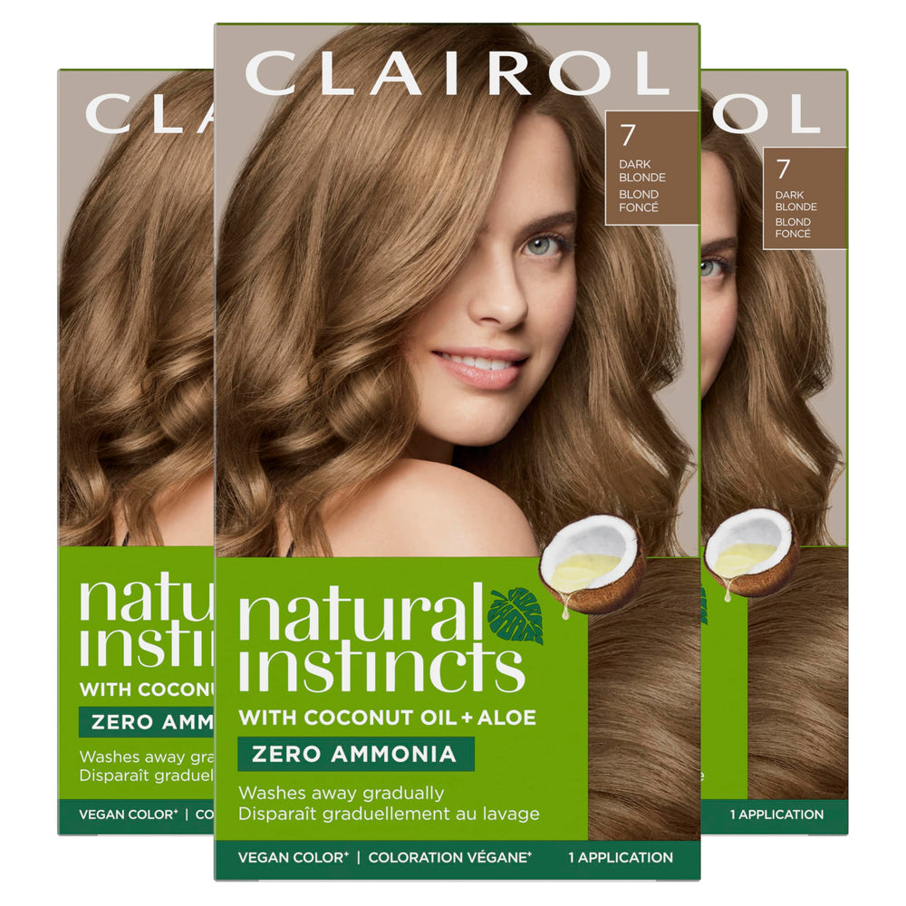 Clairol 7 Dark Blonde pack front showing kit components and benefits