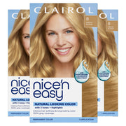 Clairol front packaging showing shade 8 Medium Blonde and pack of three benefits