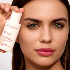 Clarins product label and size details highlighting SPF 50 protection and ingredients