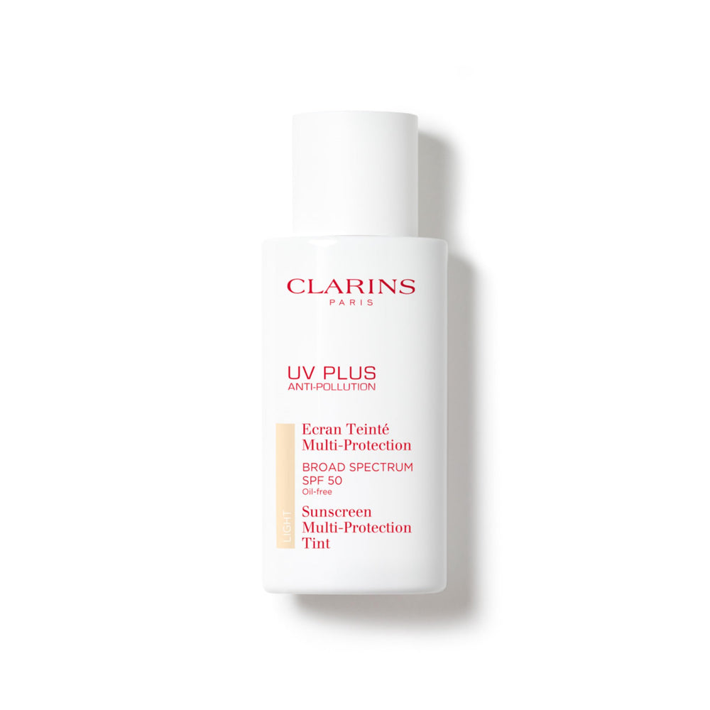Clarins front packaging of UV Plus Tinted SPF 50 showing sleek tube and shade