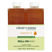 Clean + Easy front packaging showing six large vitamin E roll-on refills and benefits