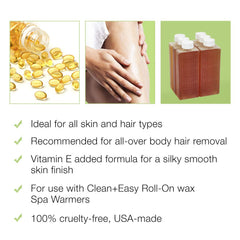Clean + Easy roll-on wax being applied on a leg for smooth, root-level hair removal