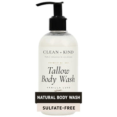 Clean + Kind front pump bottle showing product and readable label benefits