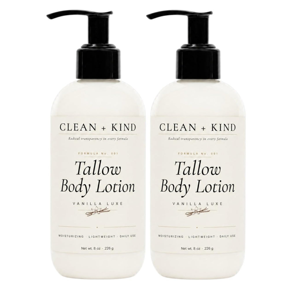 Clean + Kind front packaging showing two vanilla tallow lotion bottles and value benefit