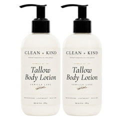 Clean + Kind front packaging showing two vanilla tallow lotion bottles and value benefit