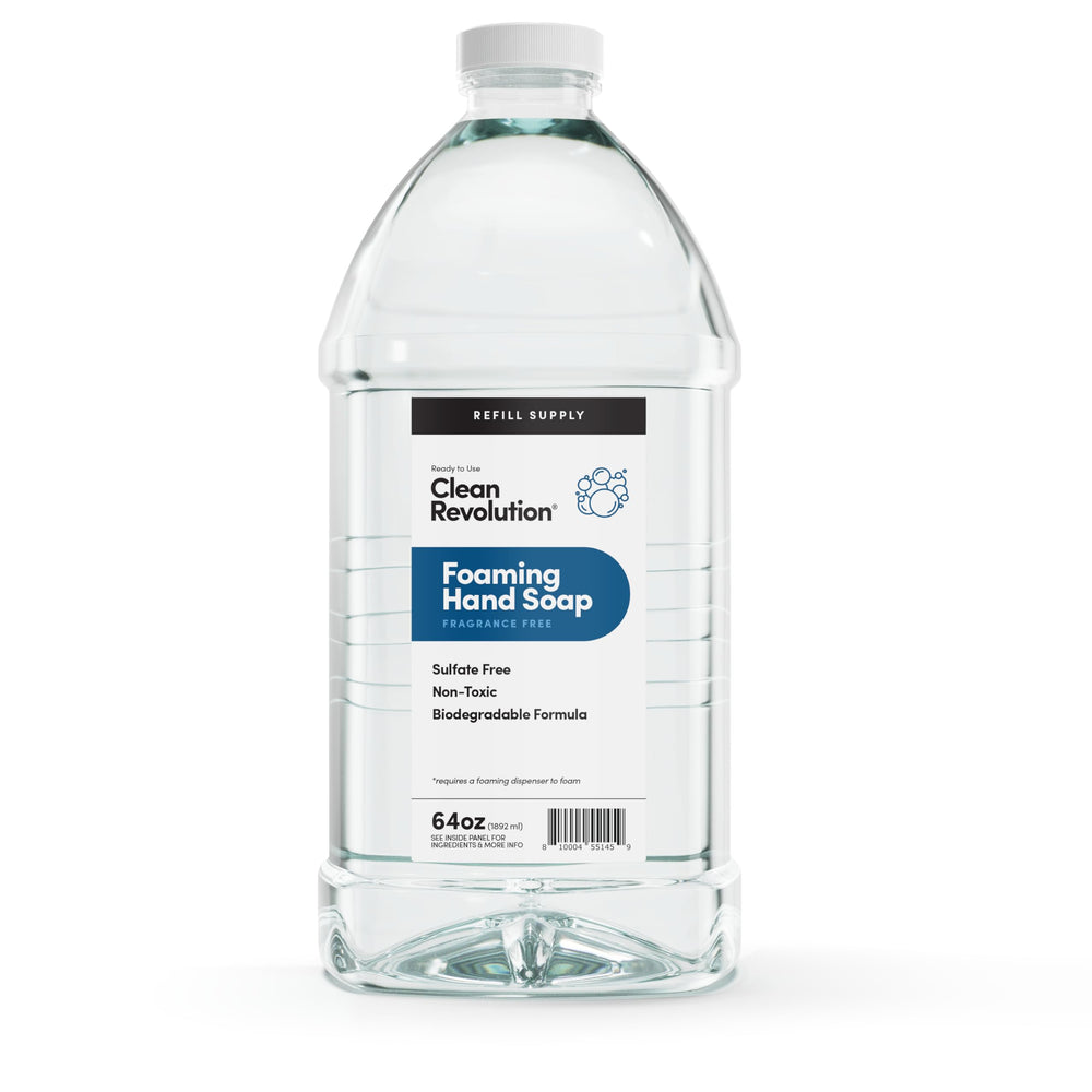 Clean Revolution front label on 64 oz refill jug showing product branding and unscented benefit