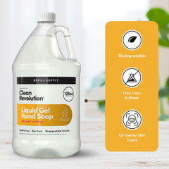Clean Revolution 128 oz container next to hand for refill size perspective