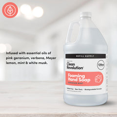 Clean Revolution pouring refill into a foaming dispenser for quick, mess-free refills