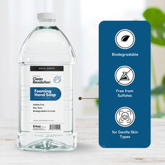 Clean Revolution 64 oz jug next to a hand for scale showing long-lasting supply benefit