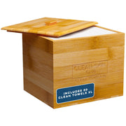 CLEAN SKIN CLUB bamboo container front showing tidy dispenser and stylish look