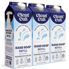 Cleancult front packaging showing 32 oz sea minerals refill and eco benefit