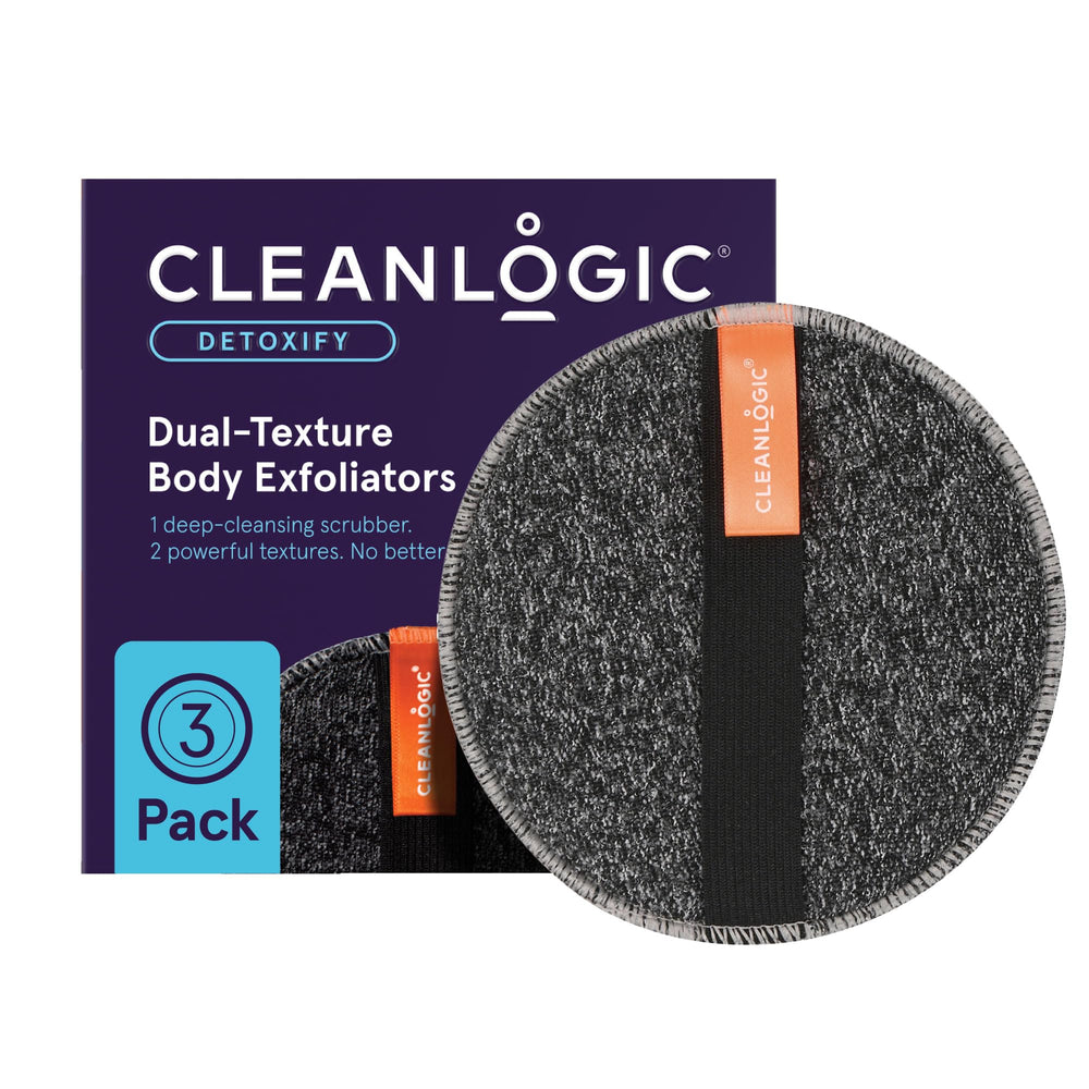Cleanlogic front packaging showing three charcoal round scrubbers, clear product benefits